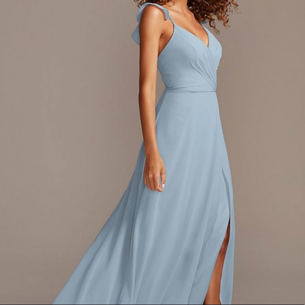 David’s Bridal Ruffle Spaghetti Strap Chiffon Dusty Blue Dress 16